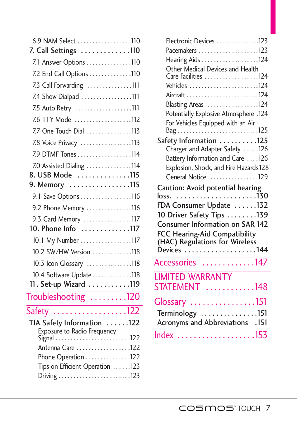 Troubleshooting safety, Accessories limited warranty statement glossary, Index | LG VN270 User Manual | Page 9 / 159