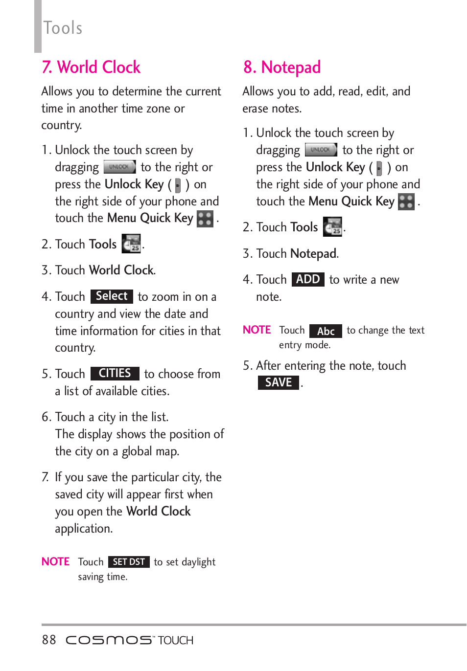 World clock, Notepad, World clock 8. notepad | Tools | LG VN270 User Manual | Page 90 / 159