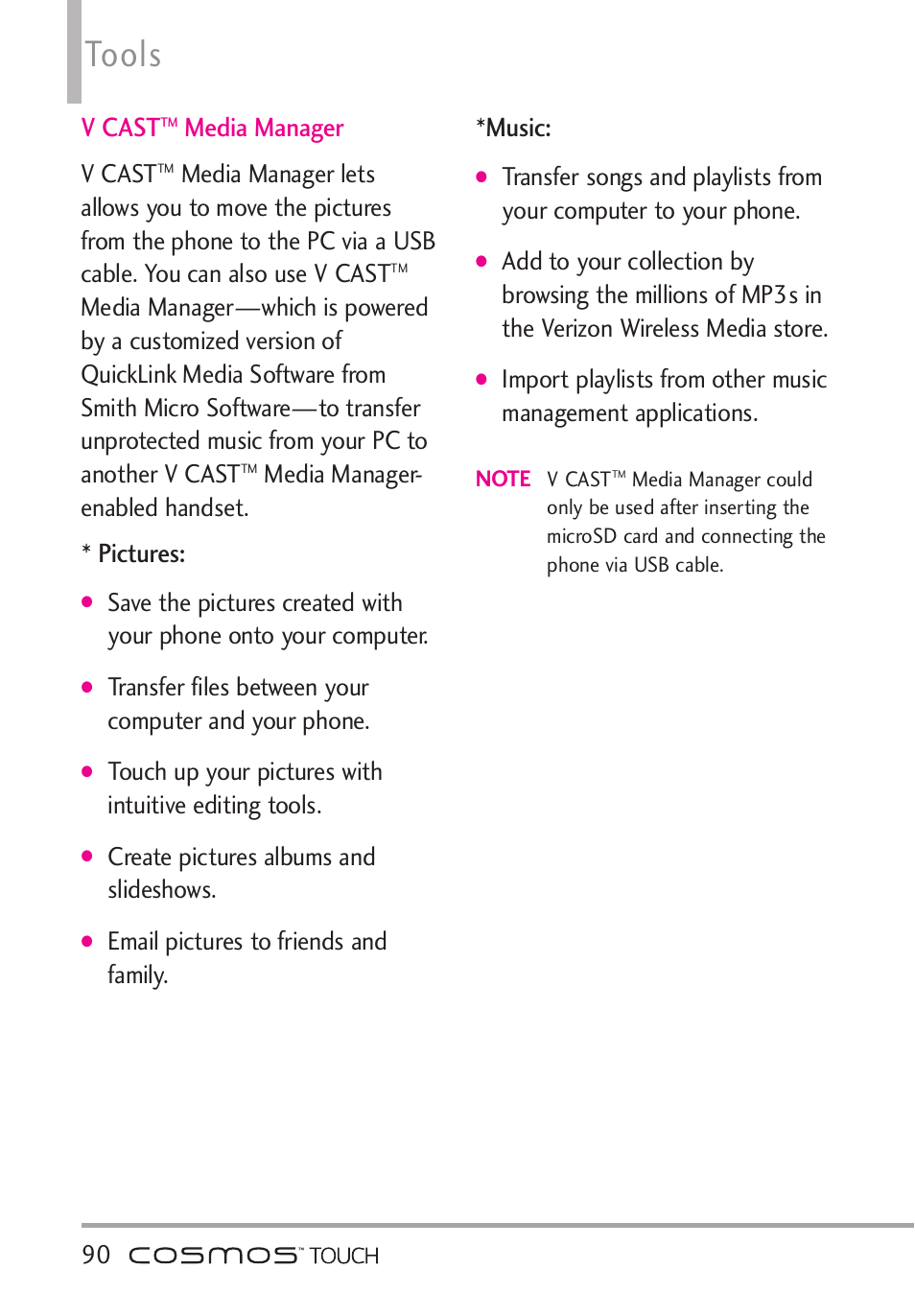 Tools, V cast, Media manager | Pictures, Music, Media manager- enabled handset, Create pictures albums and slideshows, Email pictures to friends and family | LG VN270 User Manual | Page 92 / 159