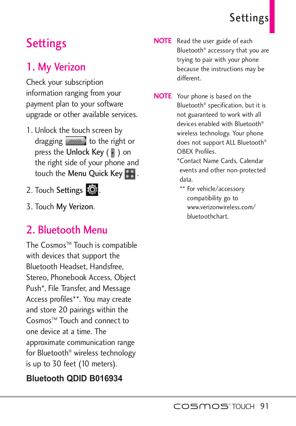 Settings, My verizon, Bluetooth menu | My verizon 2. bluetooth menu | LG VN270 User Manual | Page 93 / 159