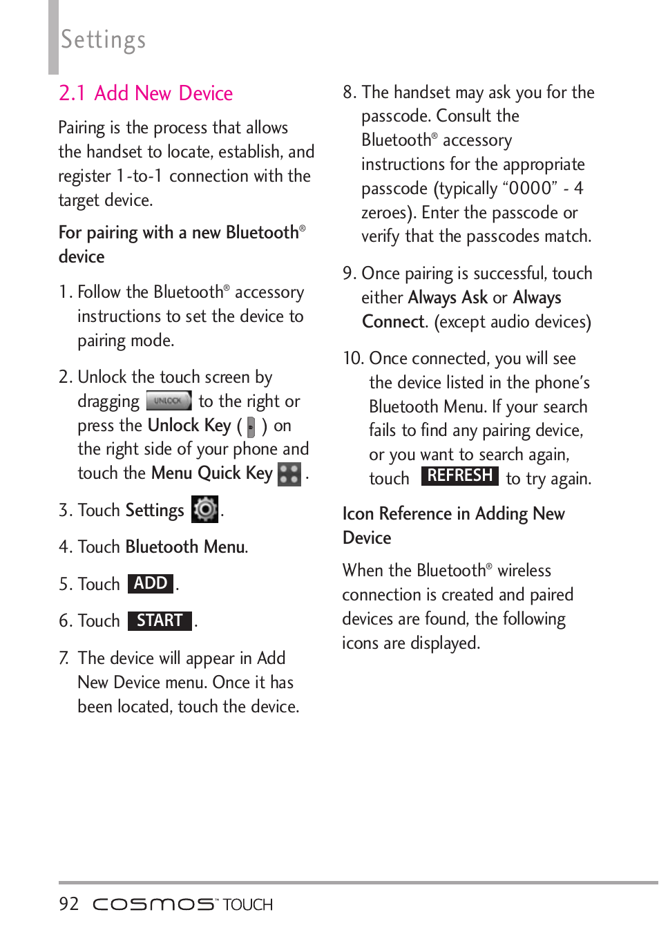 1 add new device, Settings | LG VN270 User Manual | Page 94 / 159