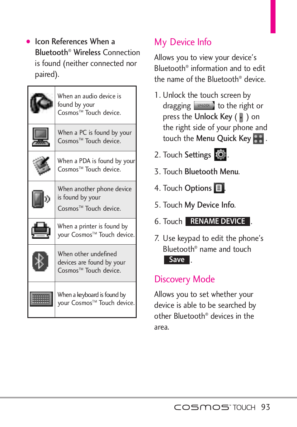 My device info, Discovery mode, Icon references when a bluetooth | Wireless, Unlock key, Menu quick key, Settings, Bluetooth menu, Options | LG VN270 User Manual | Page 95 / 159