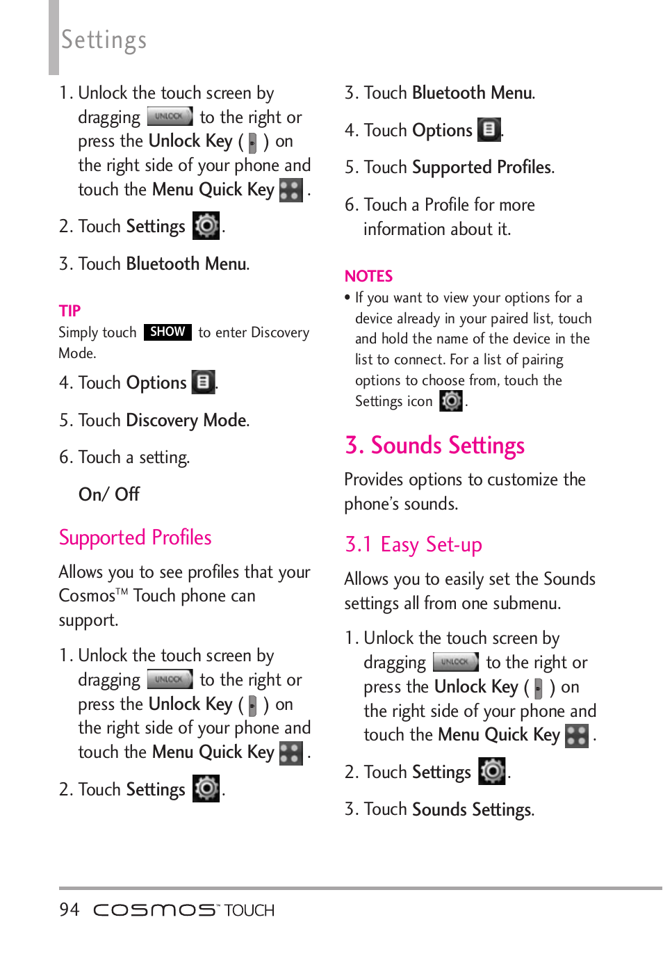 Supported profiles, Sounds settings, 1 easy set-up | Settings | LG VN270 User Manual | Page 96 / 159