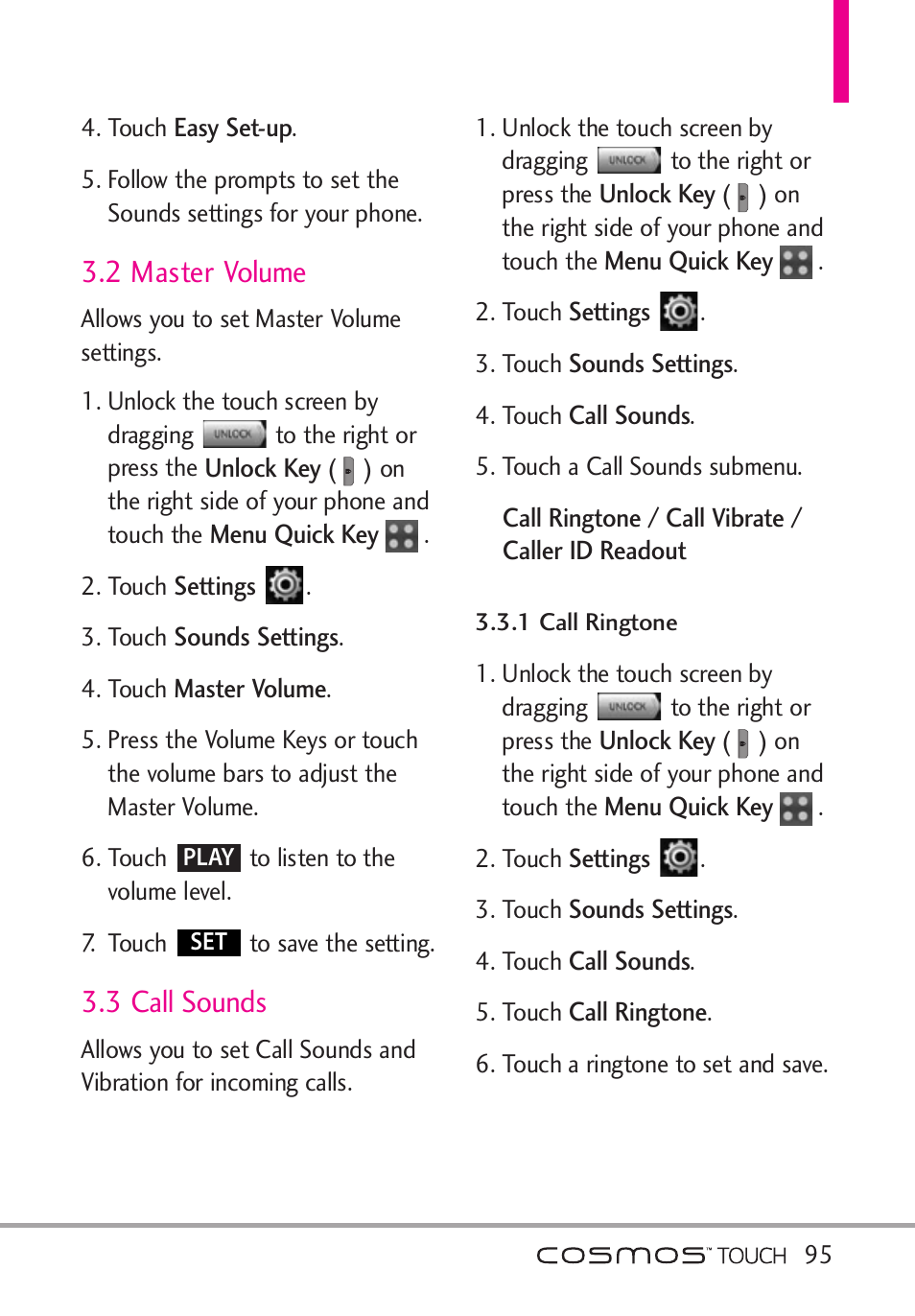 2 master volume, 3 call sounds, 1 call ringtone | LG VN270 User Manual | Page 97 / 159