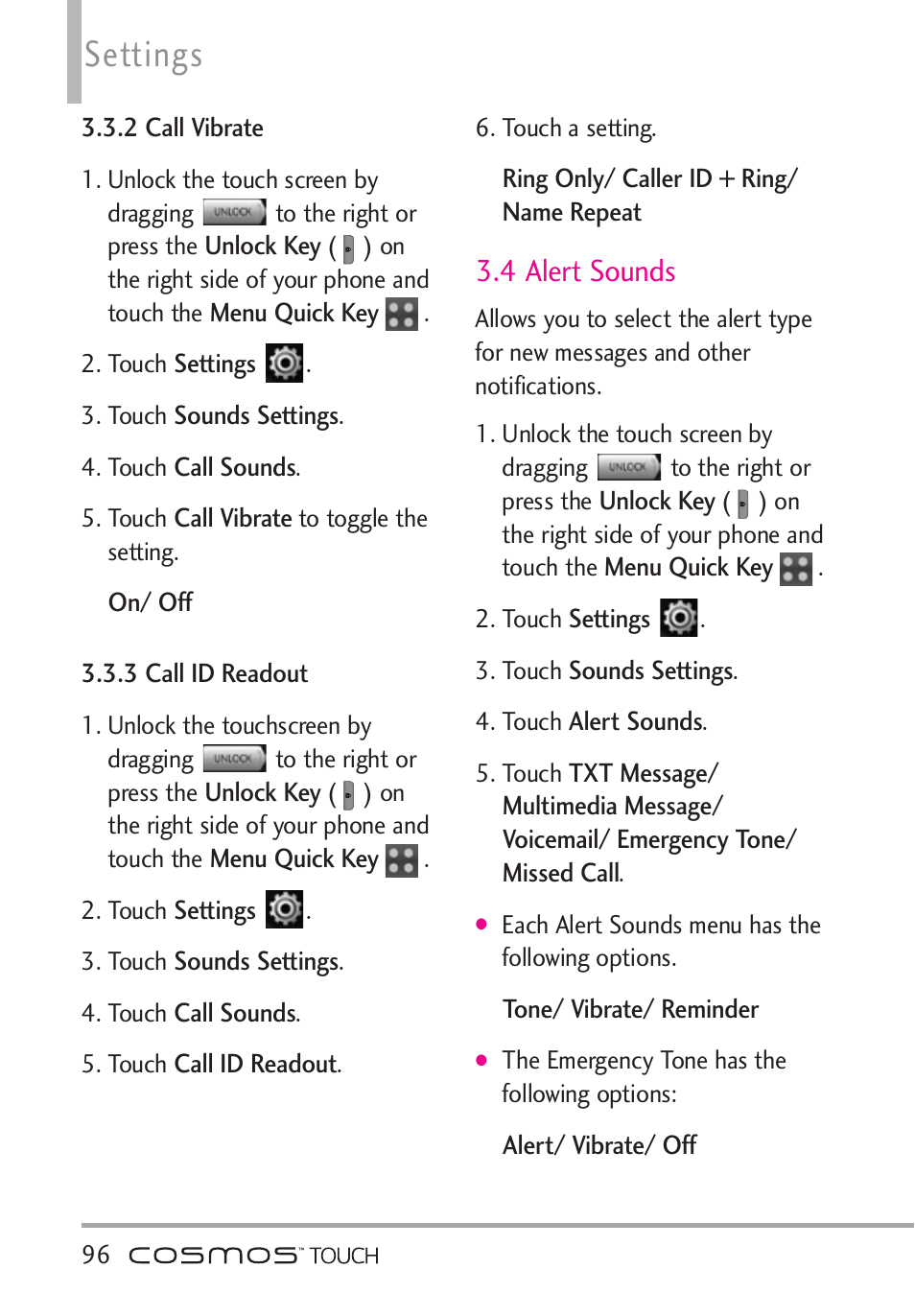 2 call vibrate, 3 call id readout, 4 alert sounds | 2 call vibrate 3.3.3 call id readout, Settings | LG VN270 User Manual | Page 98 / 159