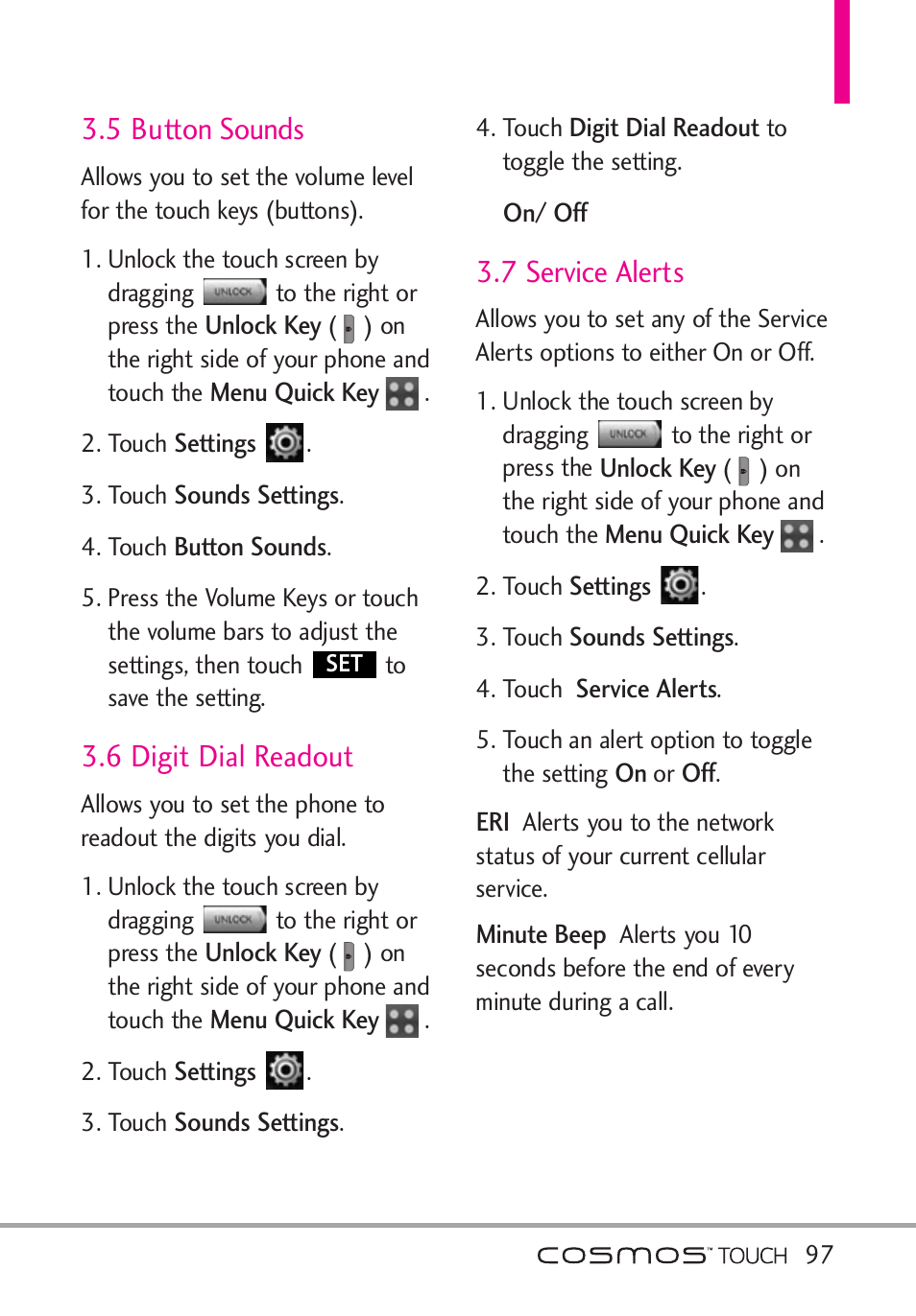 5 button sounds, 6 digit dial readout, 7 service alerts | LG VN270 User Manual | Page 99 / 159