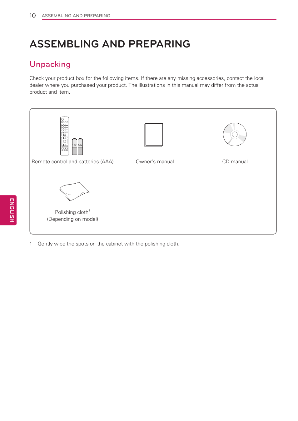 Assembling and preparing, Unpacking, 10 assembling and preparing | English | LG 47LK520 User Manual | Page 10 / 124
