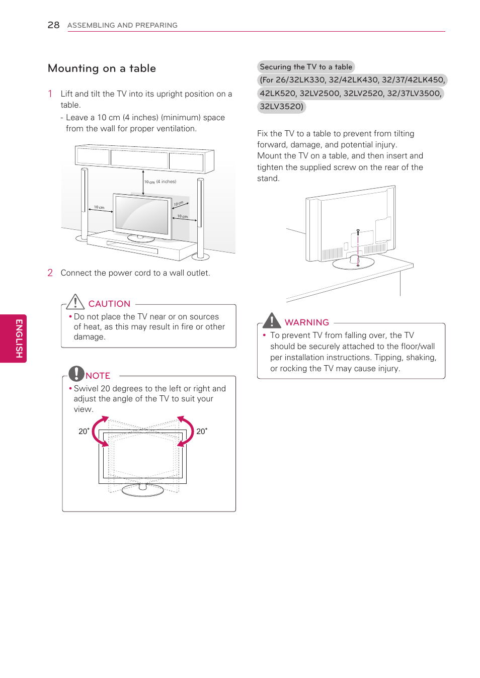 Mounting on a table | LG 47LK520 User Manual | Page 28 / 124