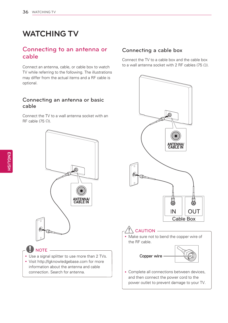 Watching tv, Connecting to an antenna or cable, Connecting an antenna or basic cable | Connecting a cable box, 36 watching tv | LG 47LK520 User Manual | Page 36 / 124