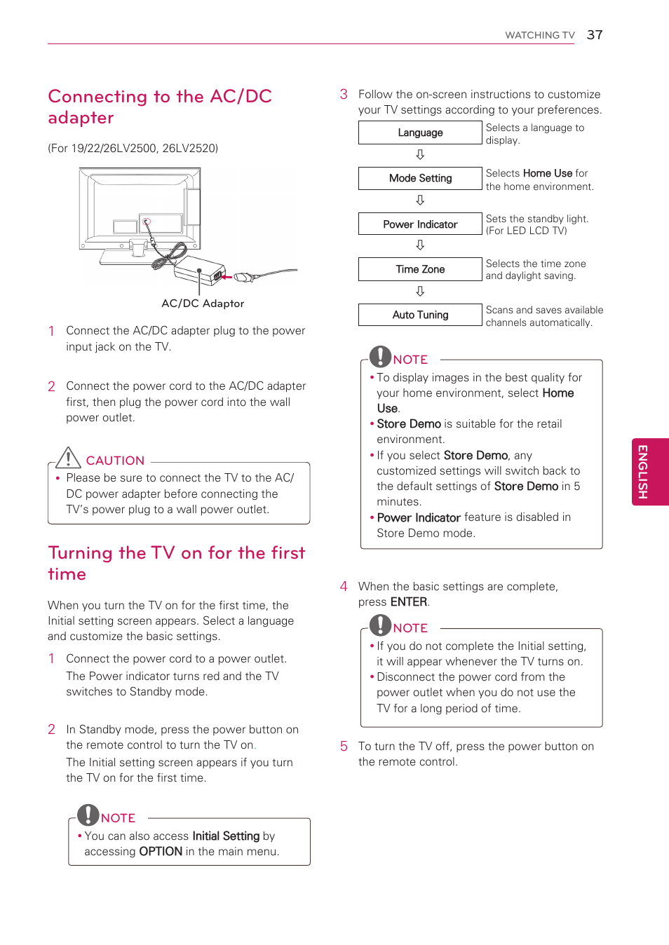 Connecting to the ac/dc adapter, Turning the tv on for the first time | LG 47LK520 User Manual | Page 37 / 124