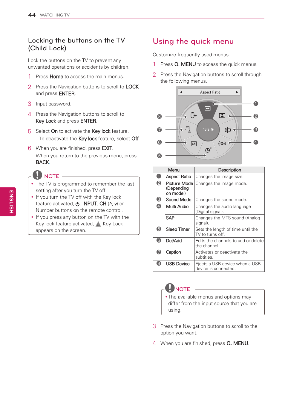 Locking the buttons on the tv (child lock), Using the quick menu, Locking the buttons on the tv (child | Lock) | LG 47LK520 User Manual | Page 44 / 124