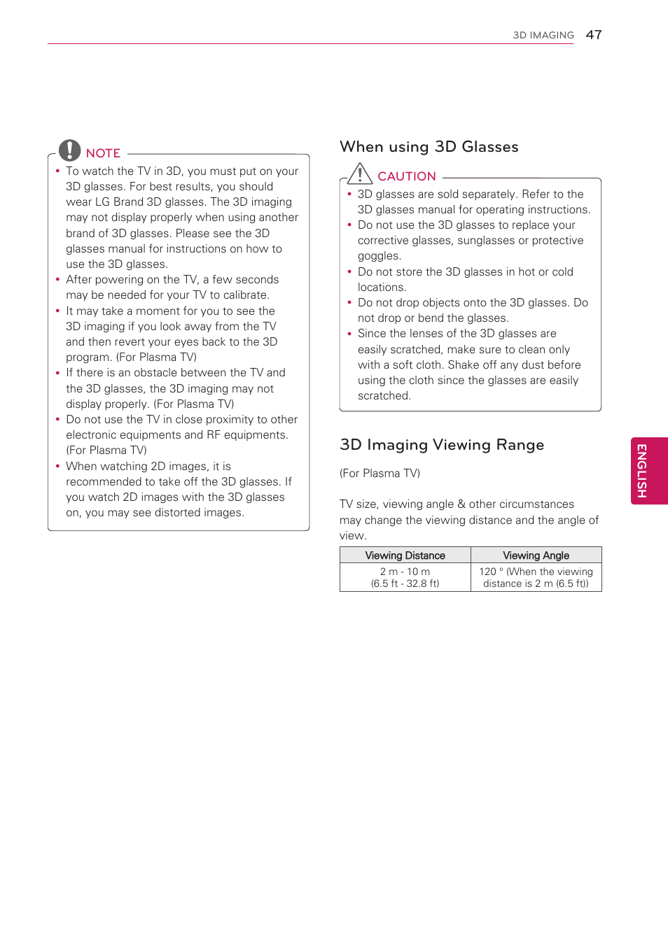 When using 3d glasses, 3d imaging viewing range | LG 47LK520 User Manual | Page 47 / 124