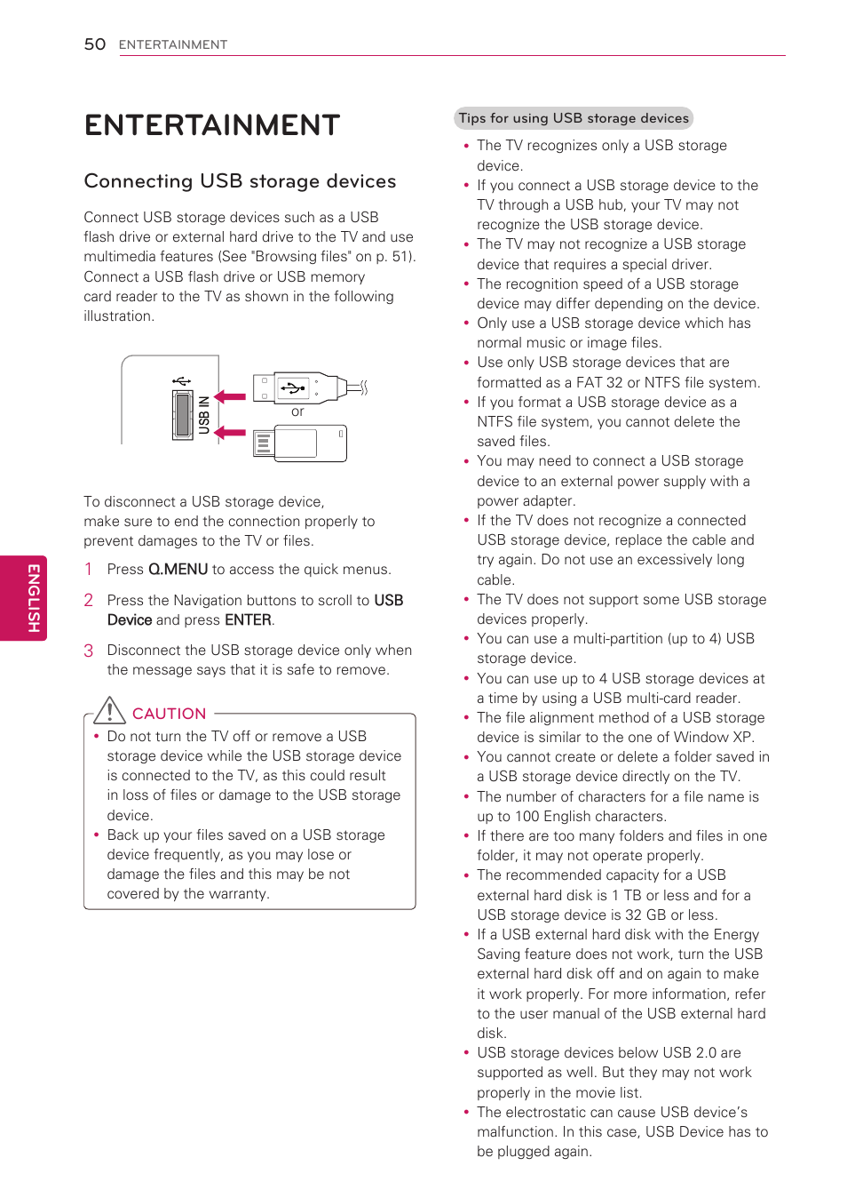 Entertainment, Connecting usb storage devices, 50 entertainment | LG 47LK520 User Manual | Page 50 / 124