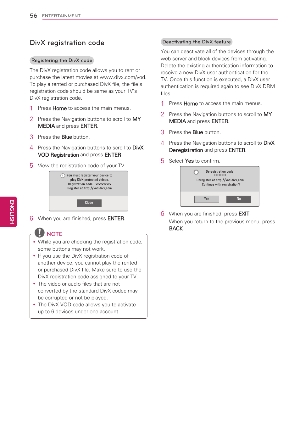 Divx registration code | LG 47LK520 User Manual | Page 56 / 124