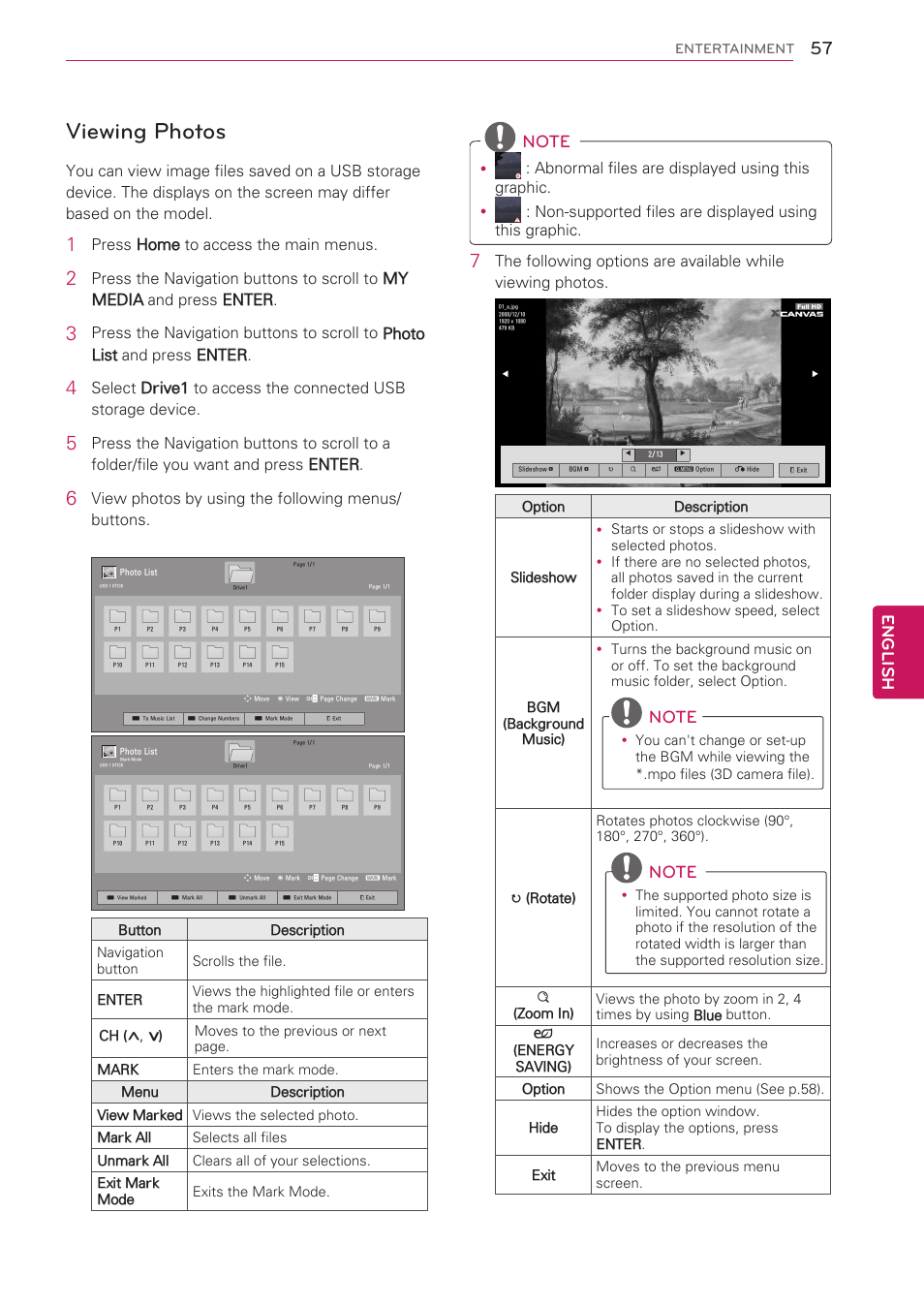 Viewing photos, English, Press home to access the main menus | View photos by using the following menus/ buttons | LG 47LK520 User Manual | Page 57 / 124
