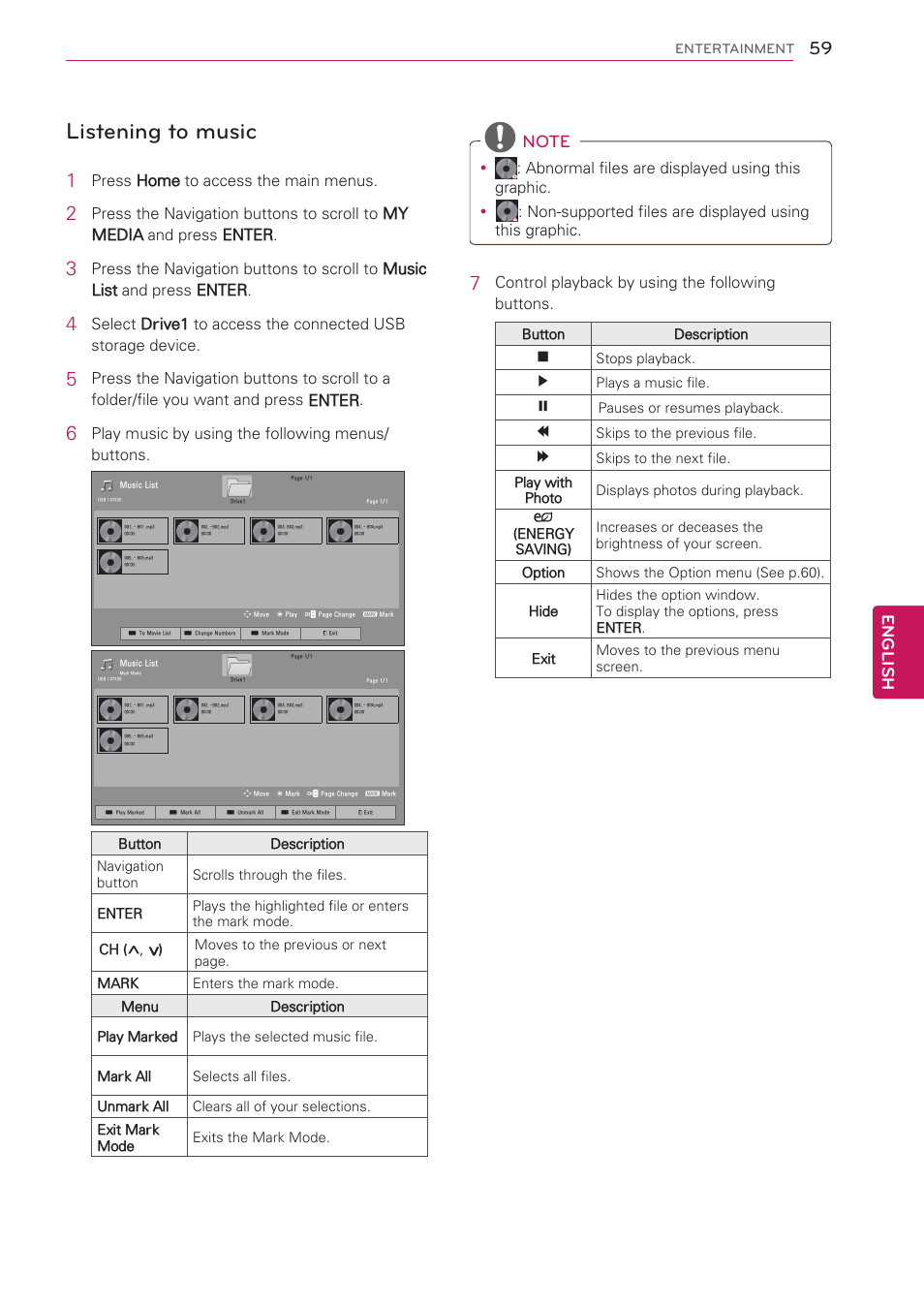 Listening to music, English | LG 47LK520 User Manual | Page 59 / 124
