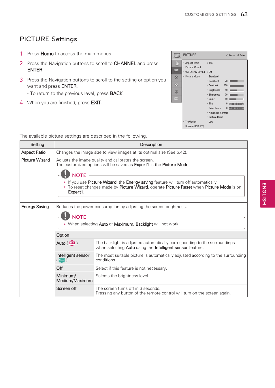 Picture settings, See p.63), English | LG 47LK520 User Manual | Page 63 / 124