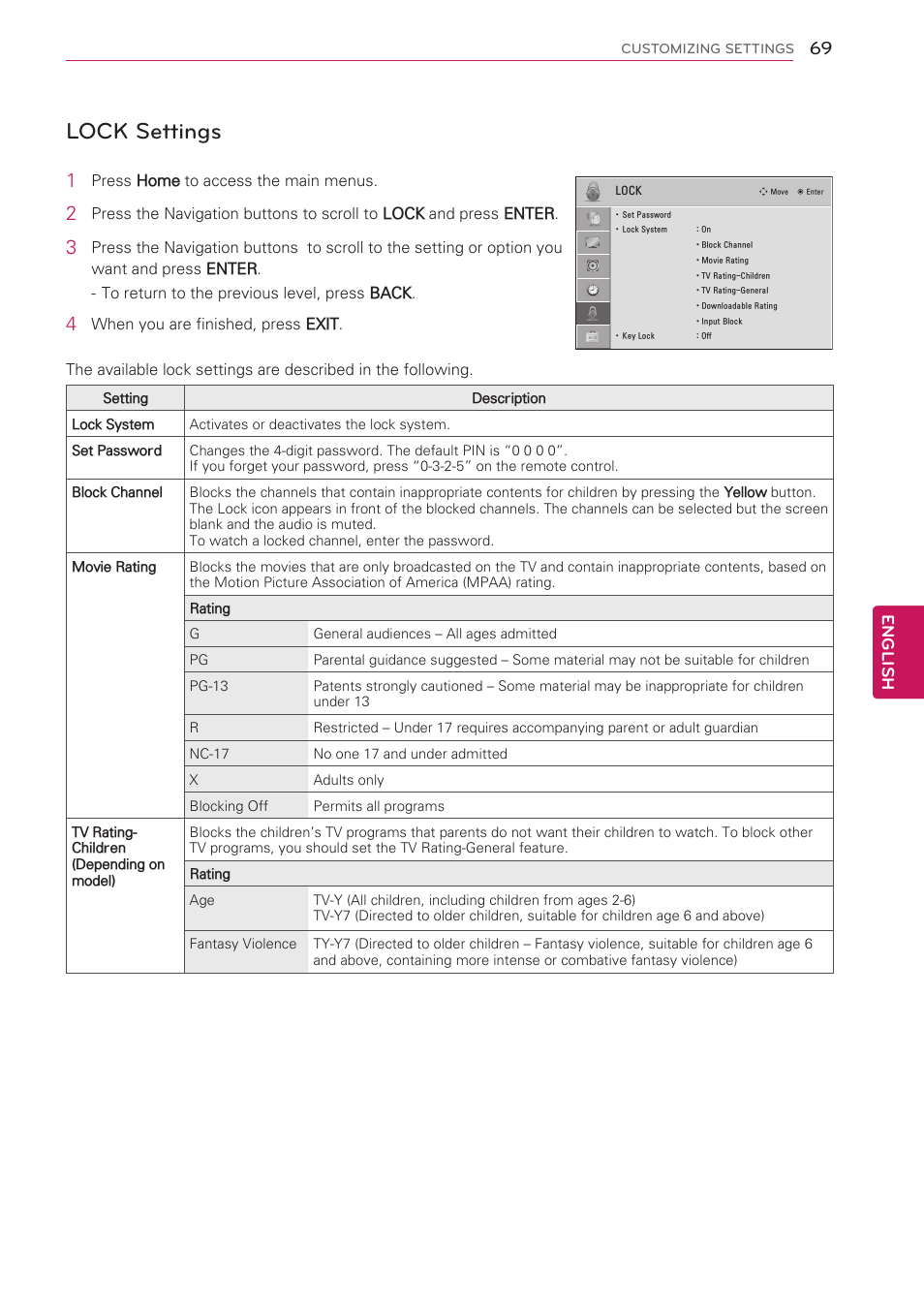 Lock settings, See p.69), English | LG 47LK520 User Manual | Page 69 / 124