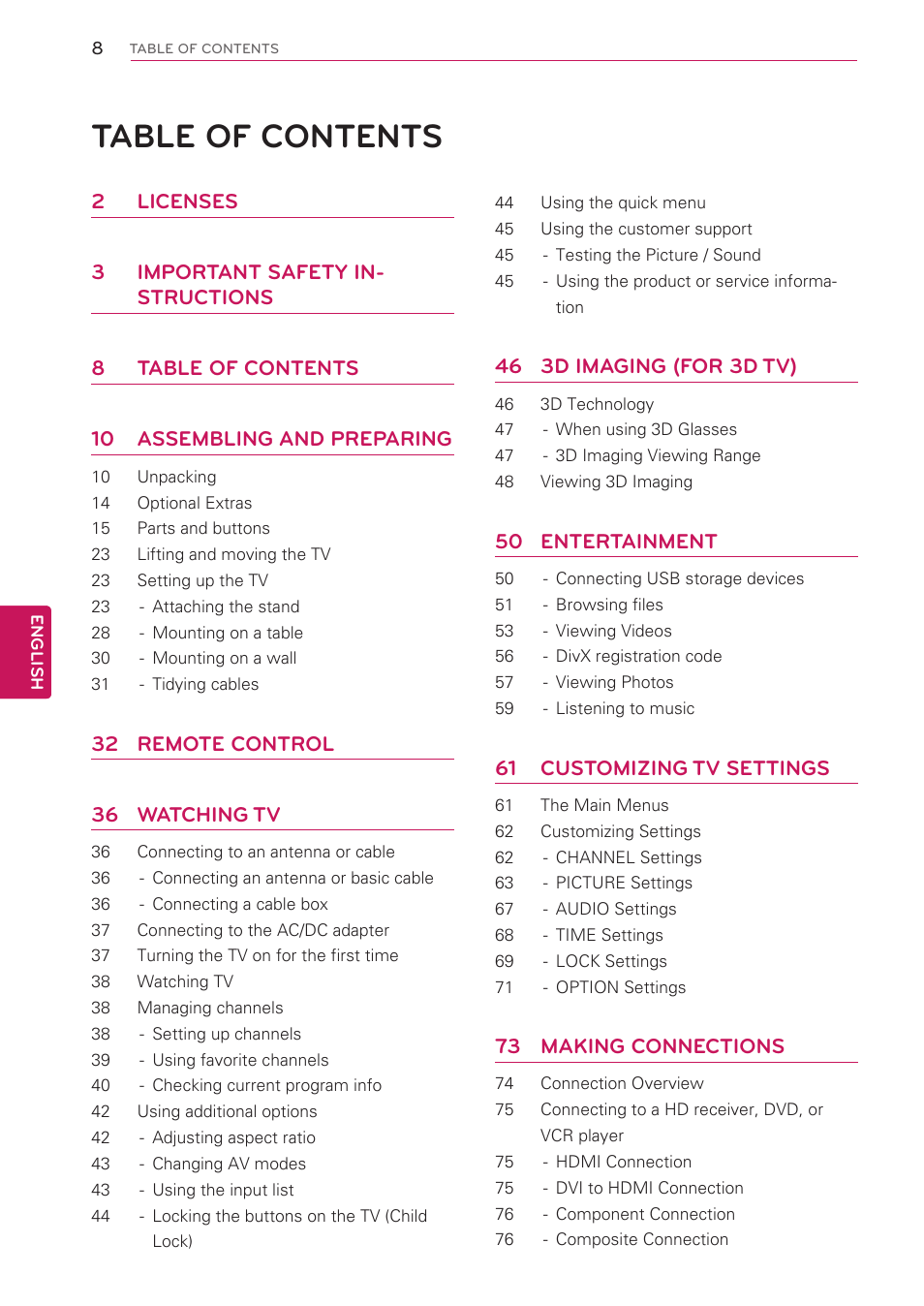 LG 47LK520 User Manual | Page 8 / 124