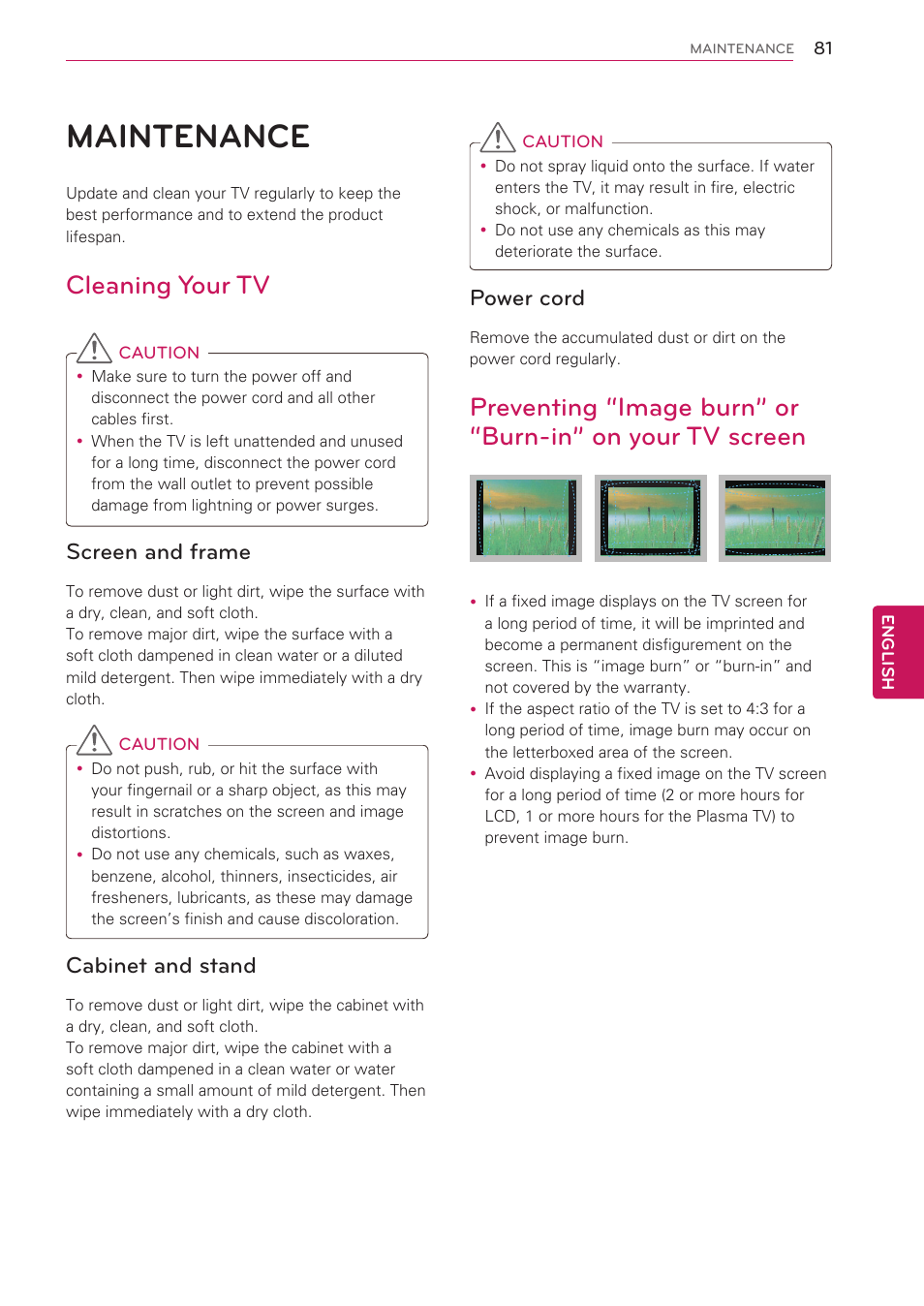 Maintenance, Cleaning your tv, Screen and frame | Cabinet and stand, Power cord, 81 maintenance | LG 47LK520 User Manual | Page 81 / 124