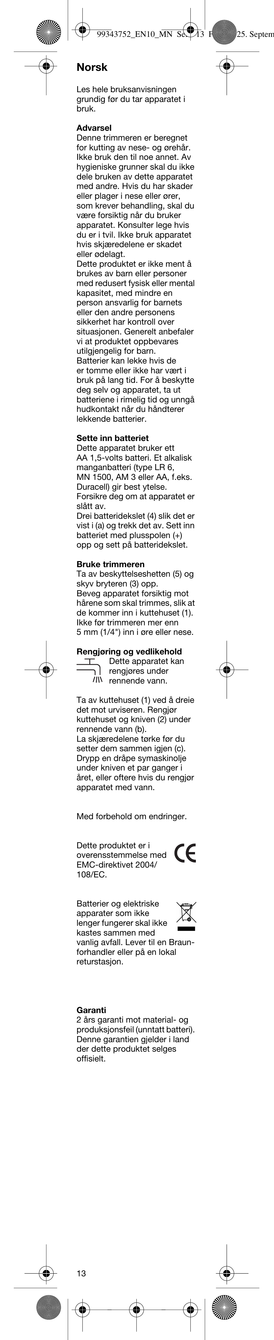 Norsk | Braun EN10 User Manual | Page 12 / 17