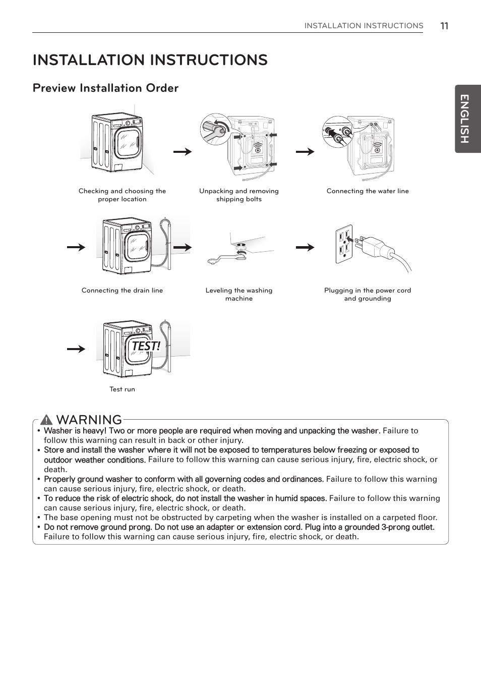 Installation instructions, Warning, Preview installation order | English | LG WM3997HWA User Manual | Page 11 / 80