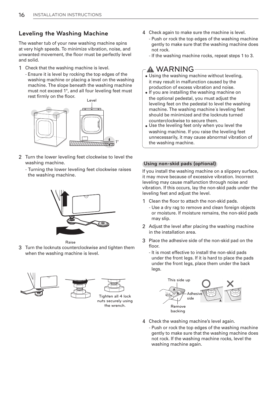 Warning, Leveling the washing machine | LG WM3997HWA User Manual | Page 16 / 80