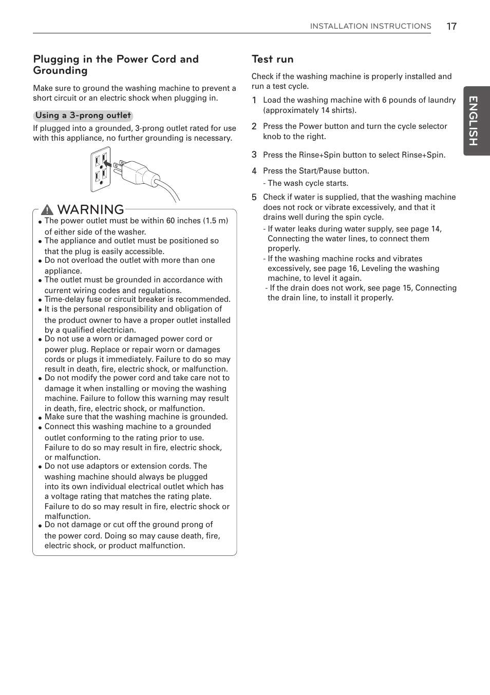 Warning, English, Plugging in the power cord and grounding | Test run | LG WM3997HWA User Manual | Page 17 / 80