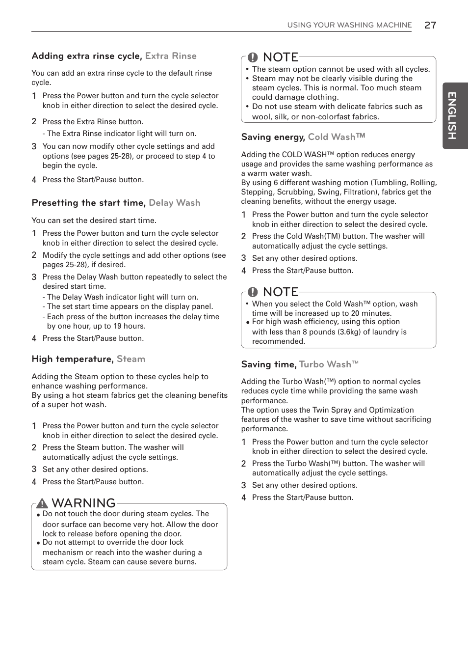 Warning, English, Adding extra rinse cycle, extra rinse | Presetting the start time, delay wash, High temperature, steam, Saving energy, cold wash, Saving time, turbo wash | LG WM3997HWA User Manual | Page 27 / 80