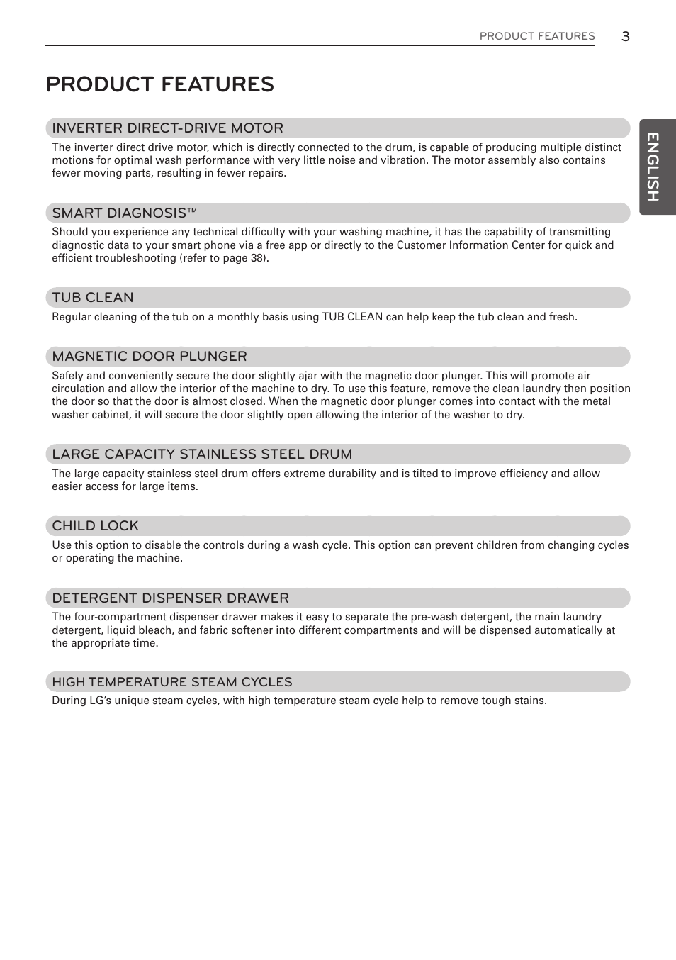 Product features, English | LG WM3997HWA User Manual | Page 3 / 80