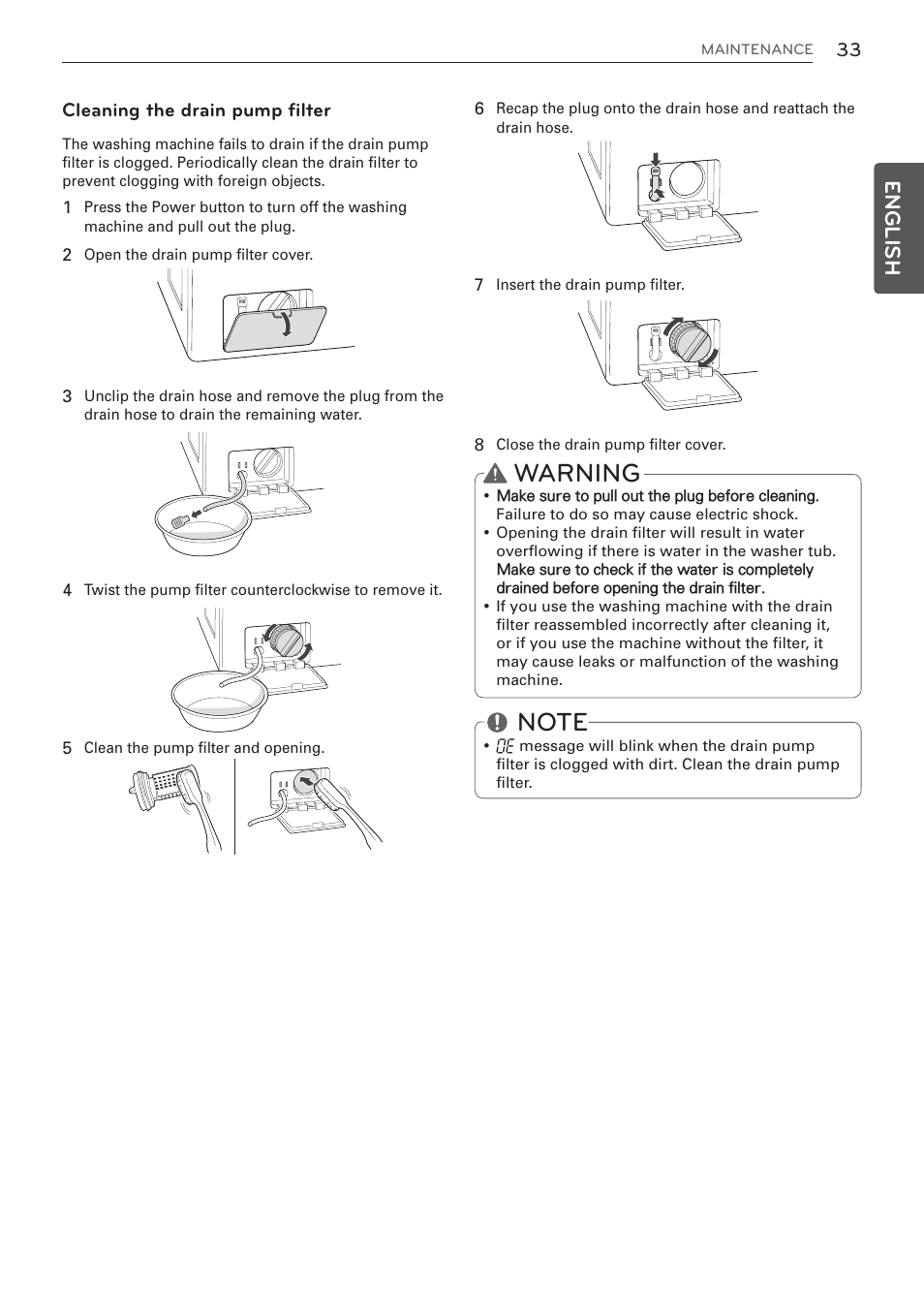 Warning, English, Cleaning the drain pump filter | LG WM3997HWA User Manual | Page 33 / 80