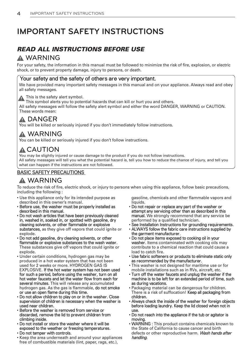 Important safety instructions, Warning, Danger | Caution, Read all instructions before use | LG WM3997HWA User Manual | Page 4 / 80