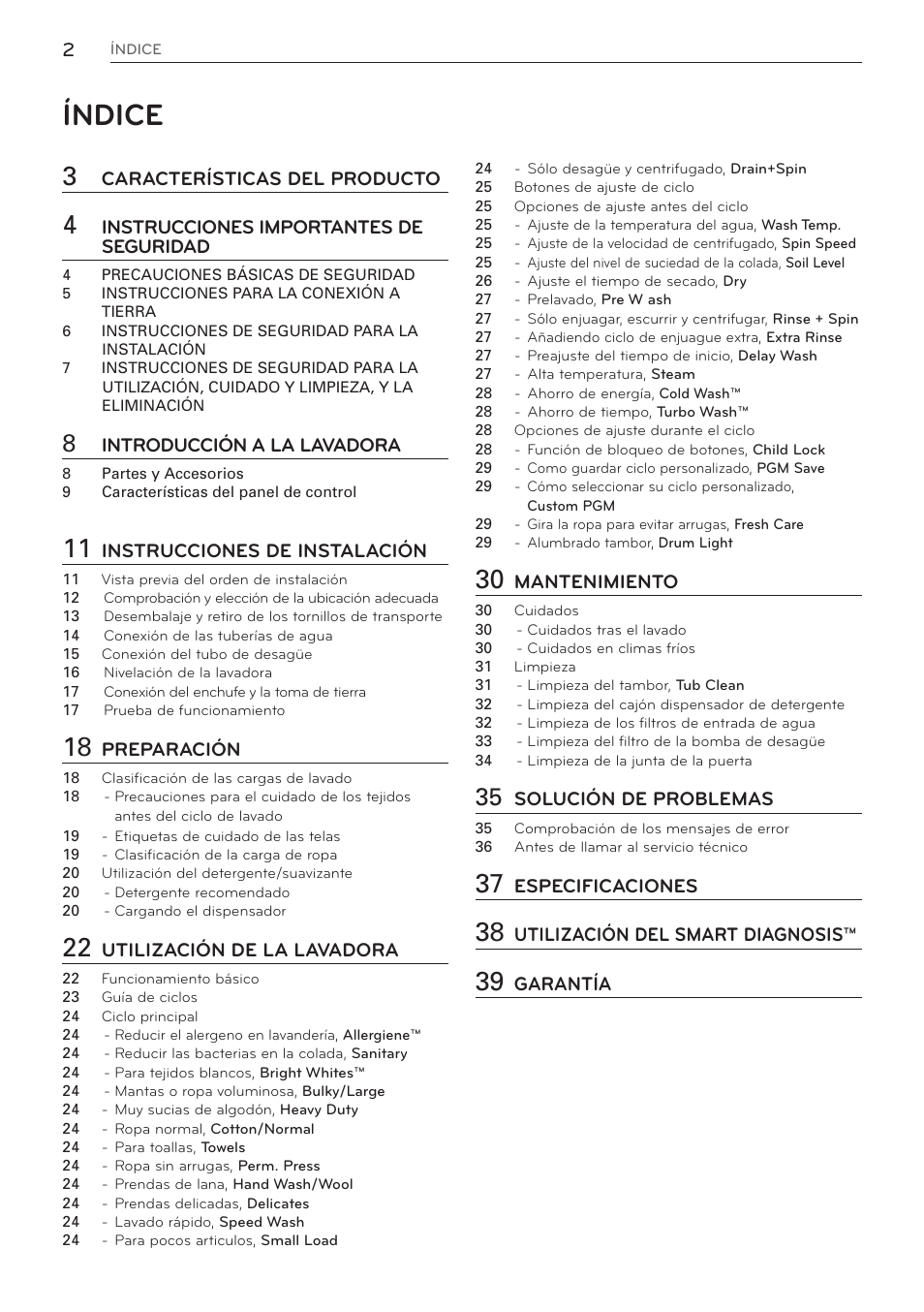 Índice | LG WM3997HWA User Manual | Page 42 / 80