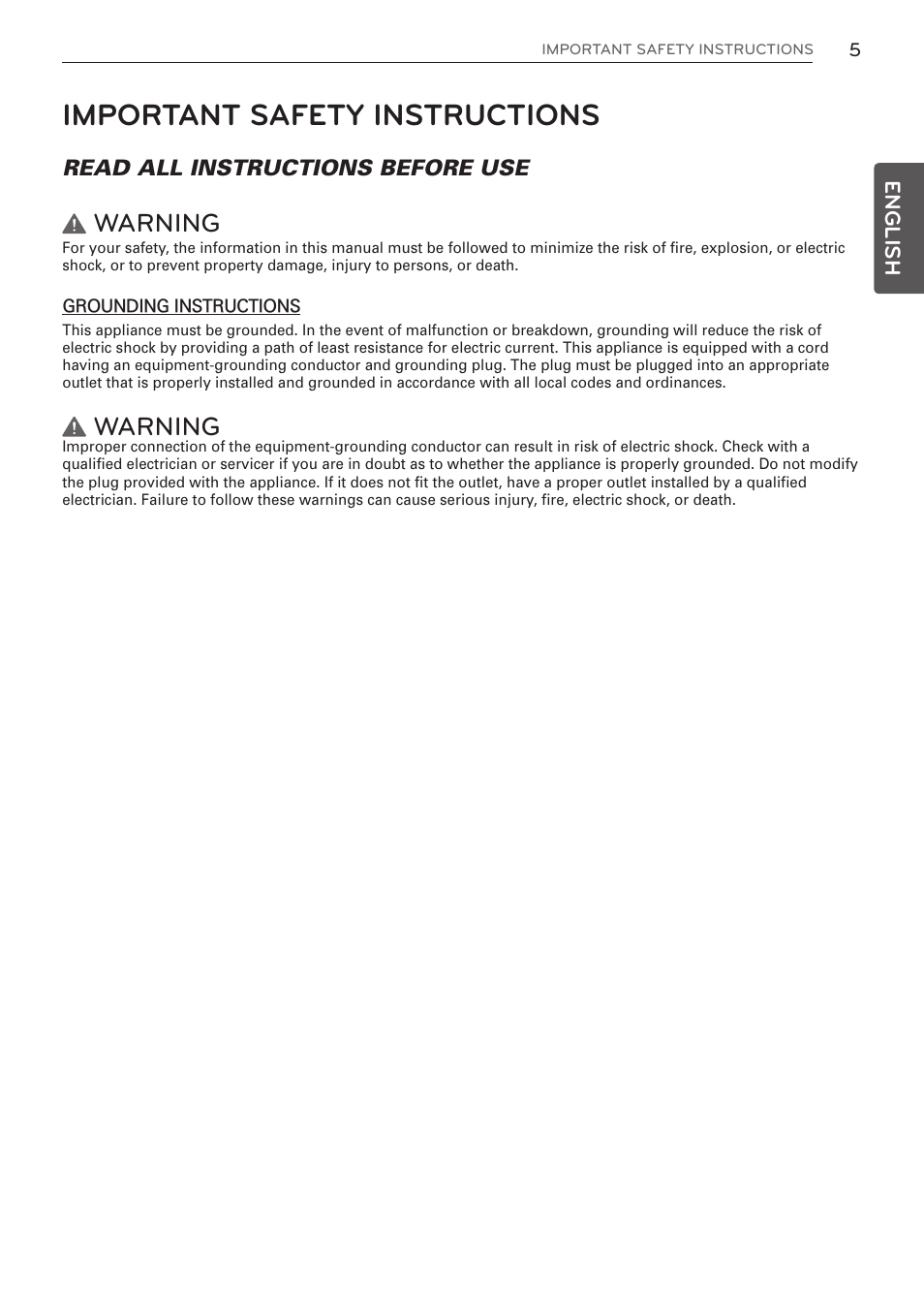 Important safety instructions, Warning, English | LG WM3997HWA User Manual | Page 5 / 80