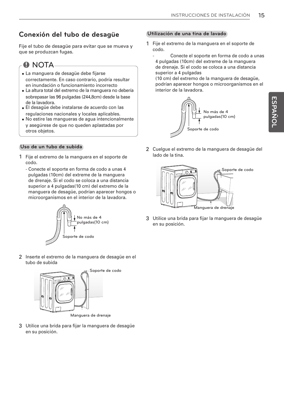 Nota, Conexión del tubo de desagüe, Esp añol | LG WM3997HWA User Manual | Page 55 / 80