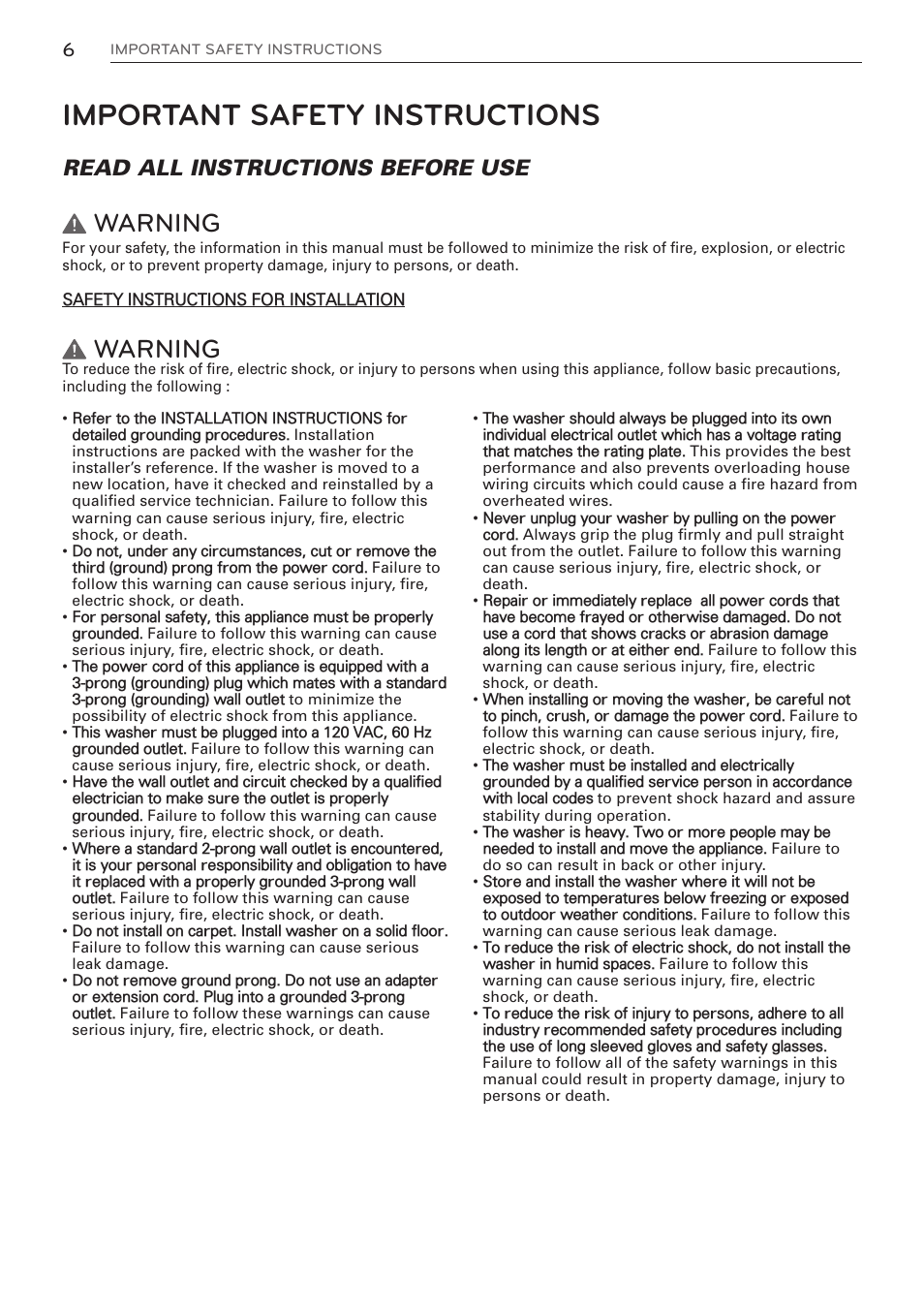 Important safety instructions, Warning, Read all instructions before use | LG WM3997HWA User Manual | Page 6 / 80