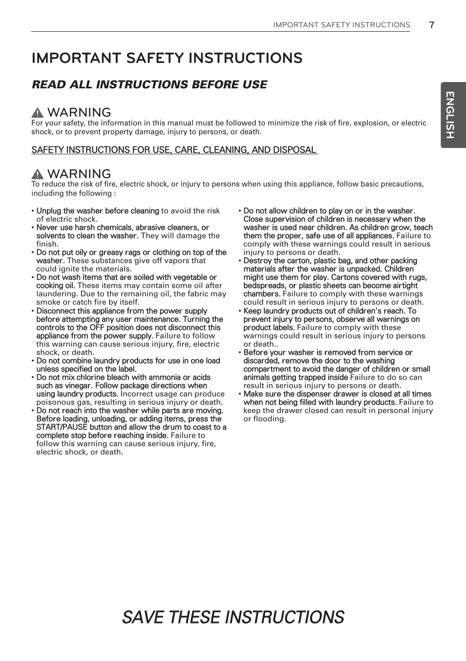 Save these instructions, Important safety instructions, Warning | English, Read all instructions before use | LG WM3997HWA User Manual | Page 7 / 80