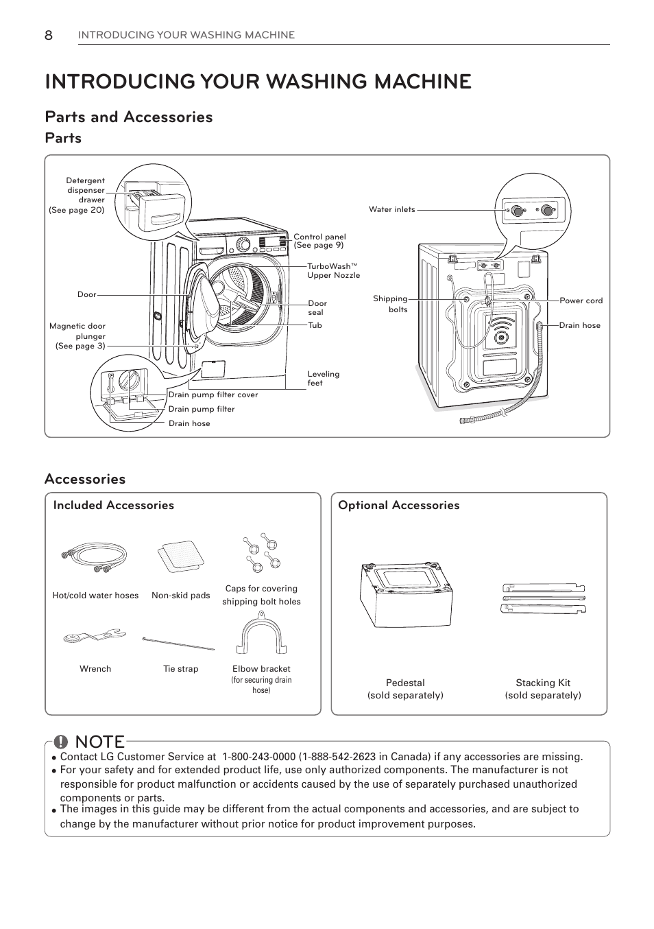 Introducing your washing machine, Parts and accessories, Parts accessories | LG WM3997HWA User Manual | Page 8 / 80