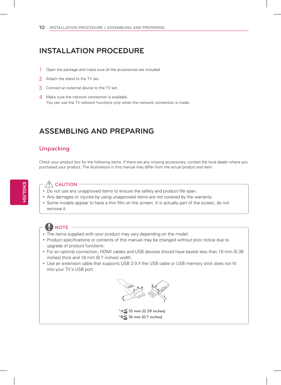Installation procedure, Assembling and preparing, Unpacking | LG 60GA6400 User Manual | Page 10 / 56