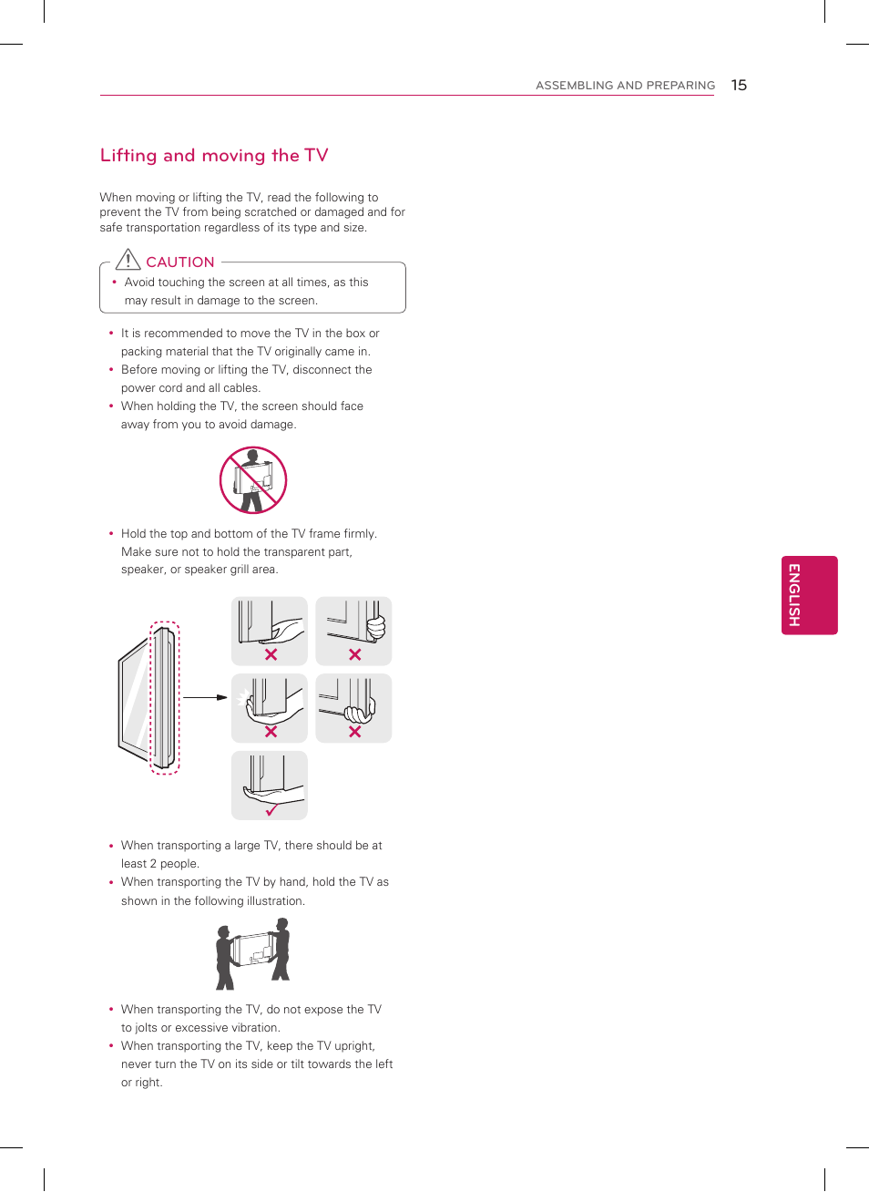 Lifting and moving the tv | LG 60GA6400 User Manual | Page 15 / 56