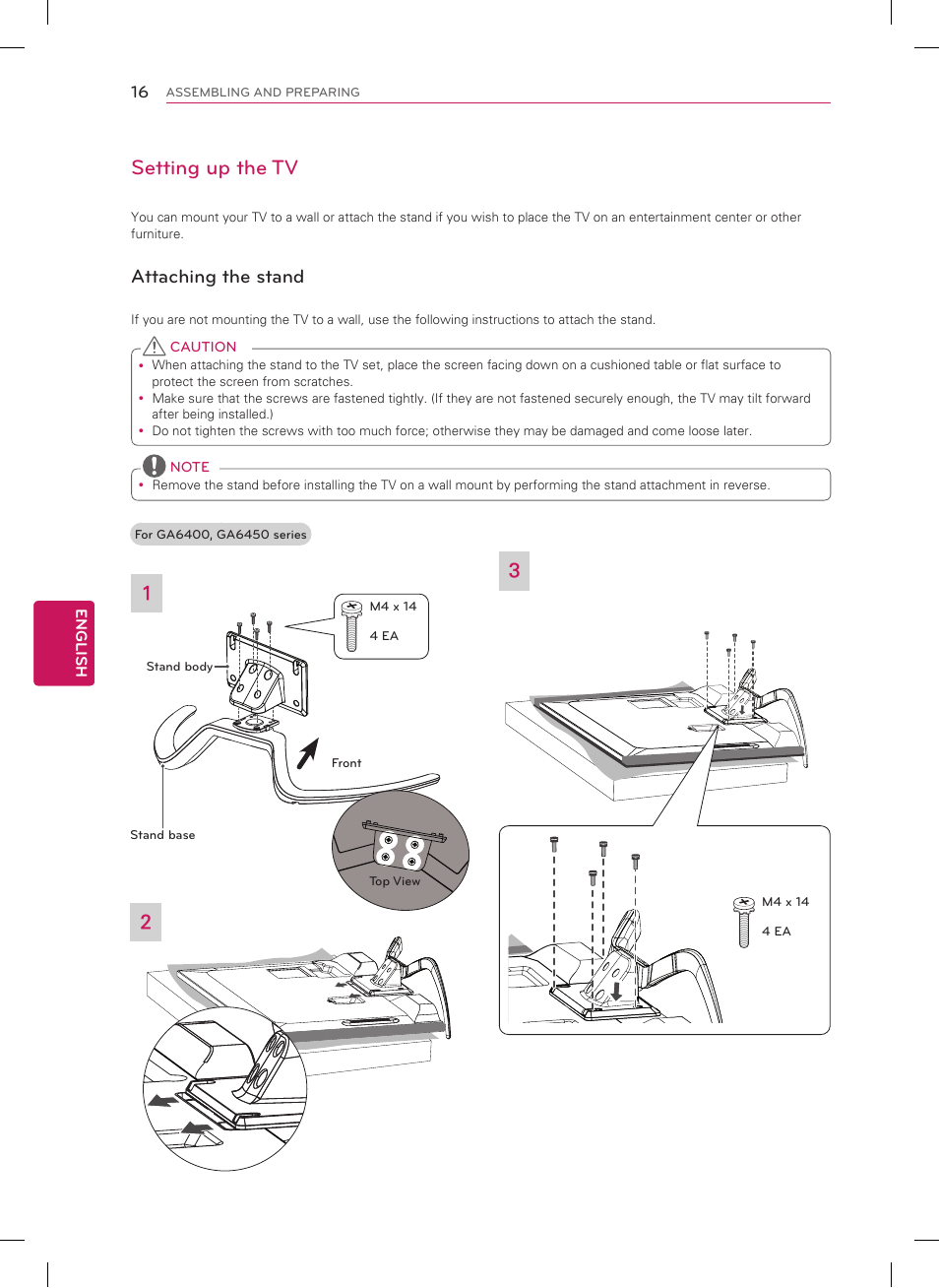 Setting up the tv, Attaching the stand | LG 60GA6400 User Manual | Page 16 / 56