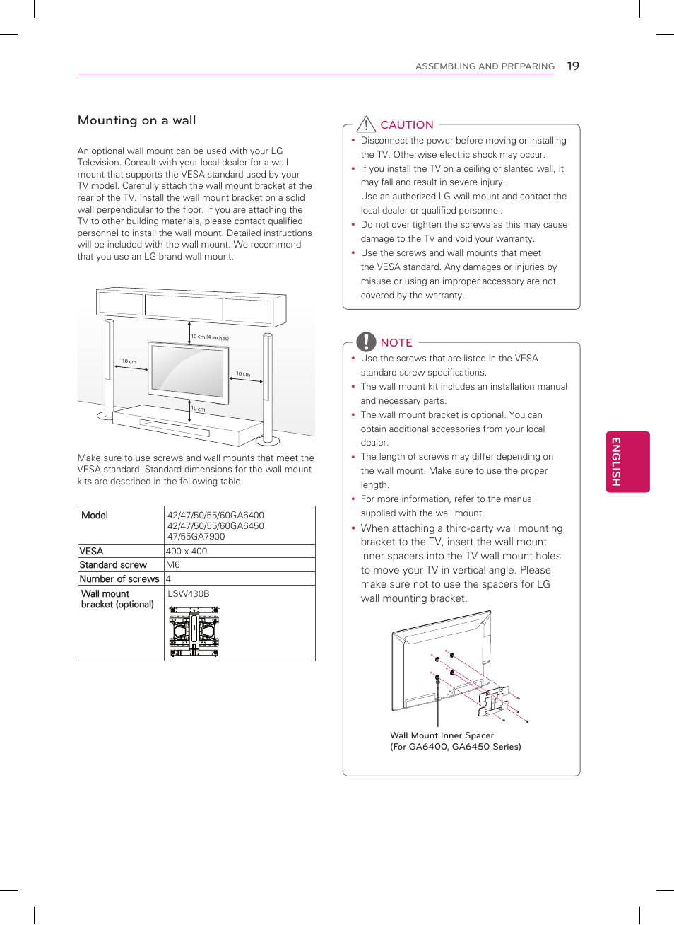 Mounting on a wall | LG 60GA6400 User Manual | Page 19 / 56