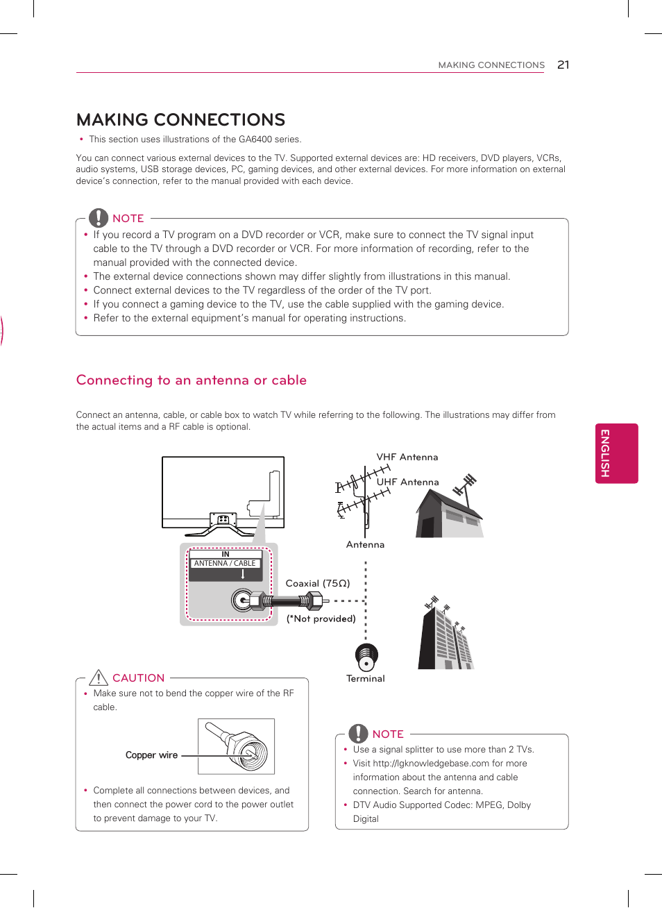 Making connections, Connecting to an antenna or cable | LG 60GA6400 User Manual | Page 21 / 56