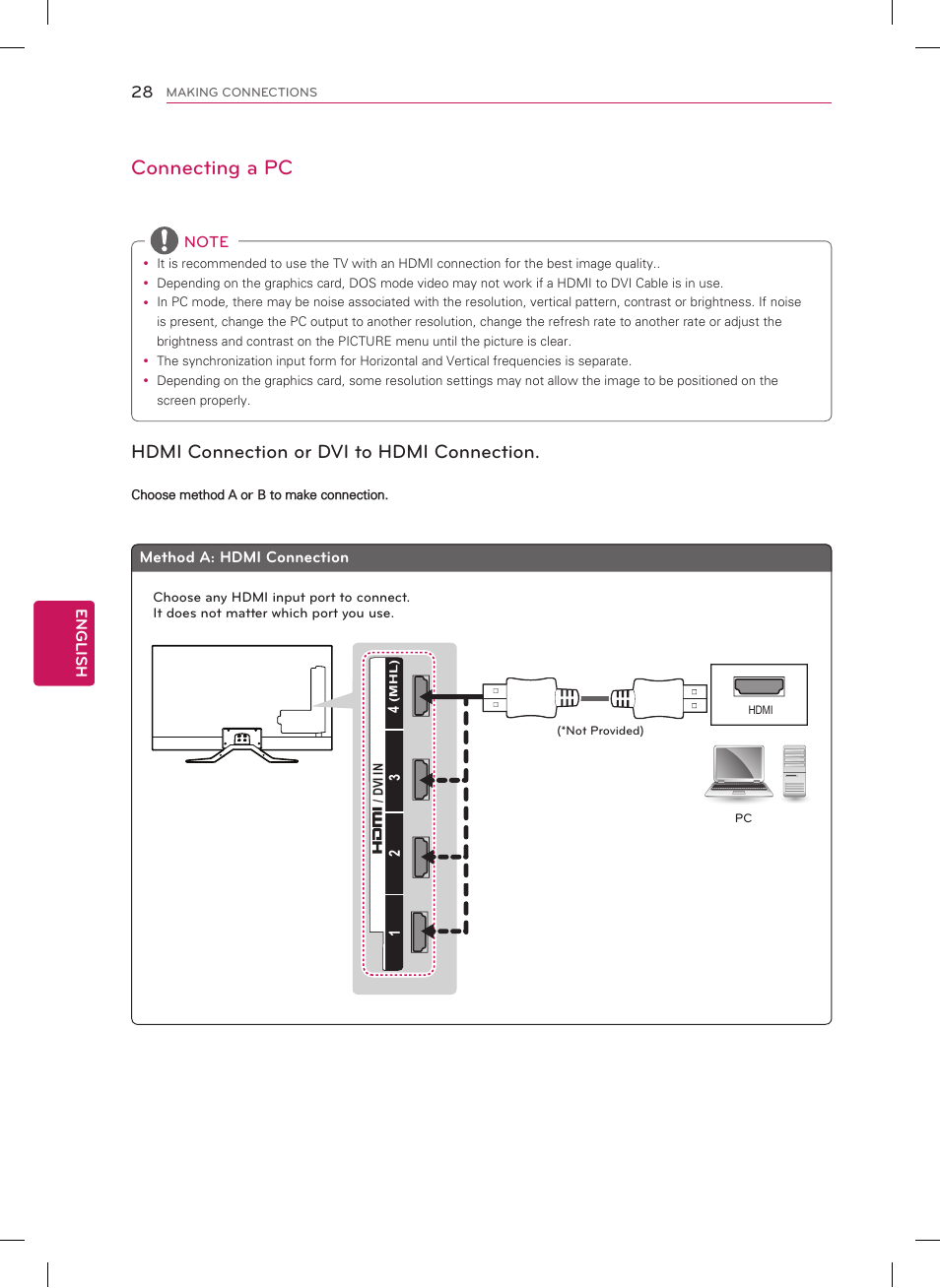 Connecting a pc, Hdmi connection or dvi to hdmi connection | LG 60GA6400 User Manual | Page 28 / 56