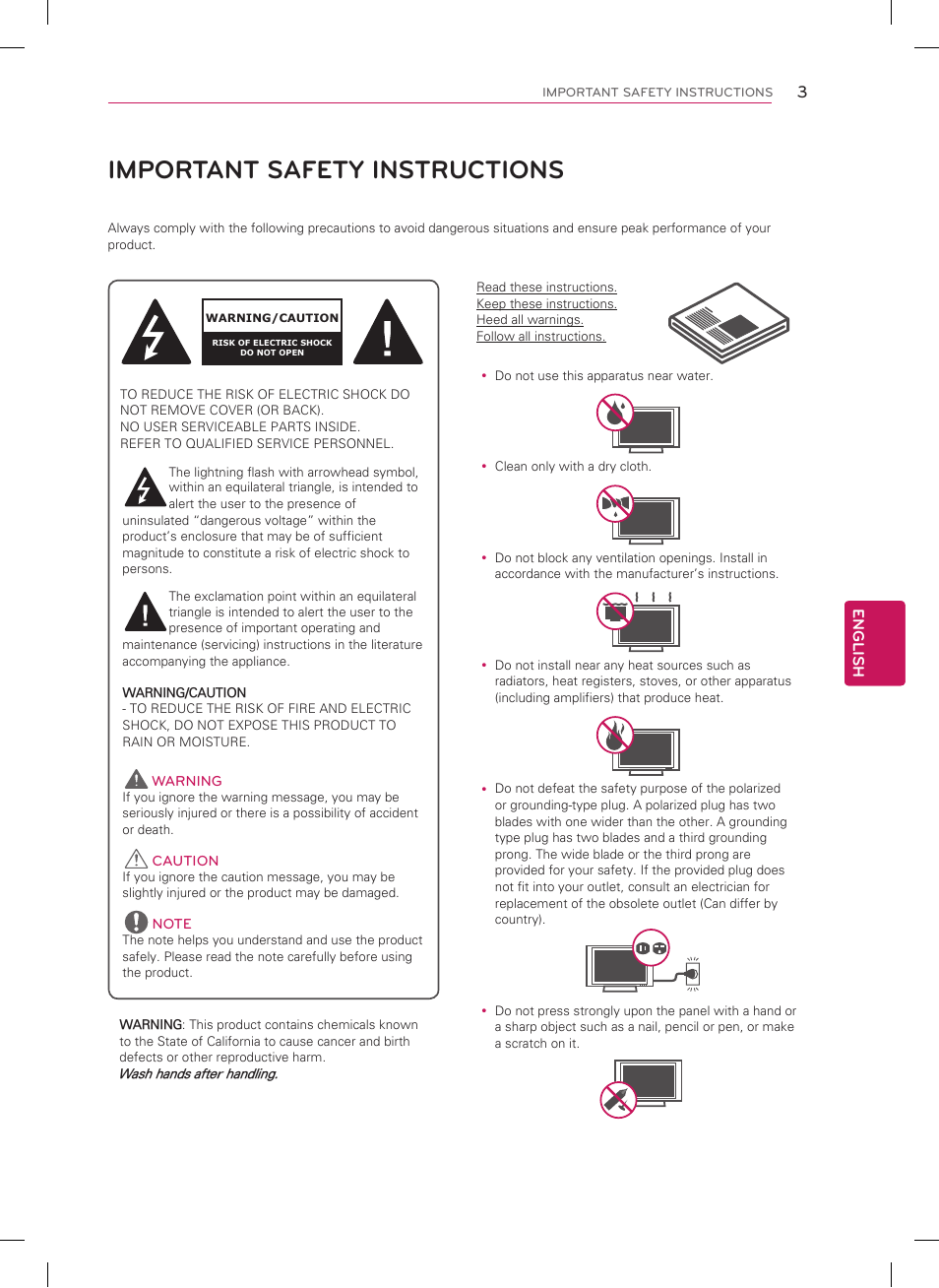 Important safety instructions, English | LG 60GA6400 User Manual | Page 3 / 56