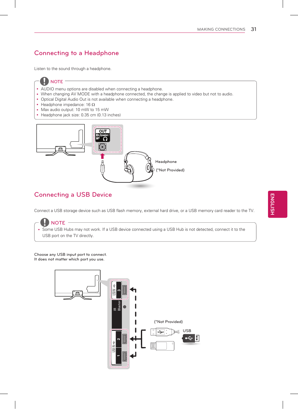 Connecting a usb device, Connecting to a headphone | LG 60GA6400 User Manual | Page 31 / 56