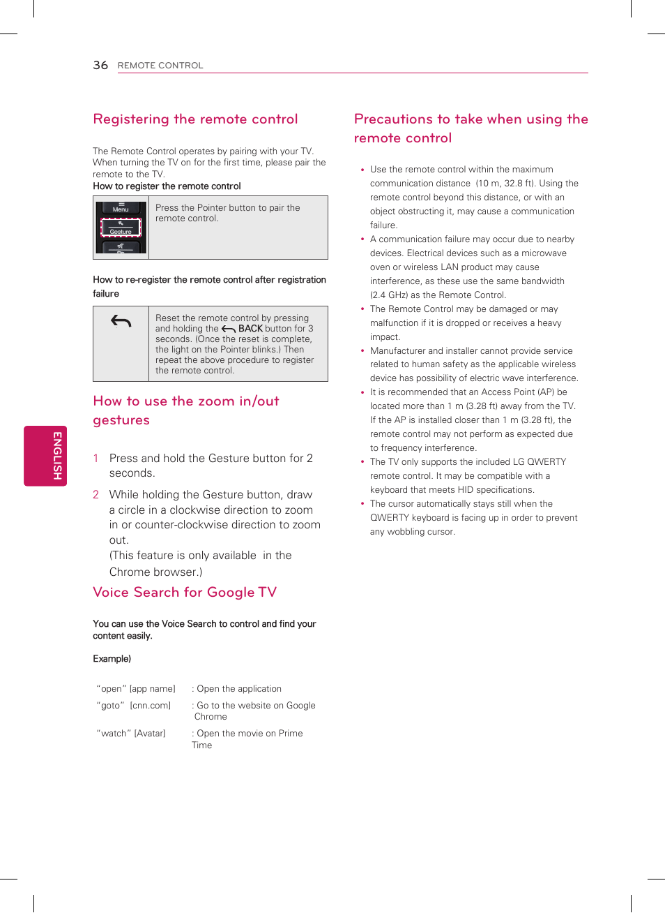 Registering the remote control, How to use the zoom in/out gestures, Voice search for google tv | Precautions to take when using the remote control | LG 60GA6400 User Manual | Page 36 / 56