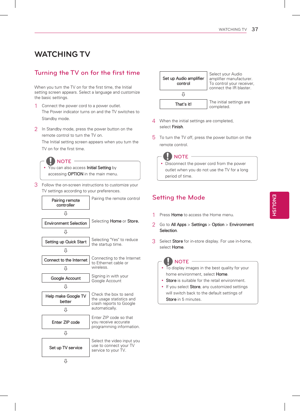 Watching tv, Turning the tv on for the first time, Setting the mode | LG 60GA6400 User Manual | Page 37 / 56