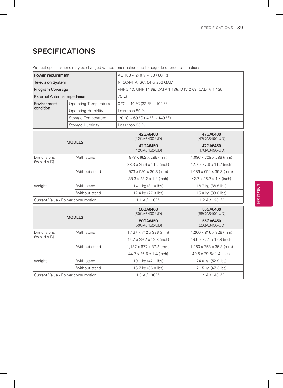 Specifications | LG 60GA6400 User Manual | Page 39 / 56