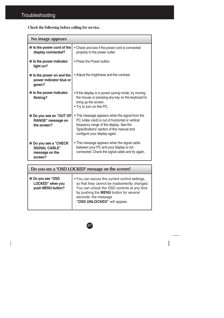 Troubleshooting, No image appears, Do you see a "osd locked" message on the screen | LG L1942PE-BS User Manual | Page 18 / 25